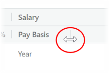 Annotated screenshot showing cursor position for column resize on the heading row